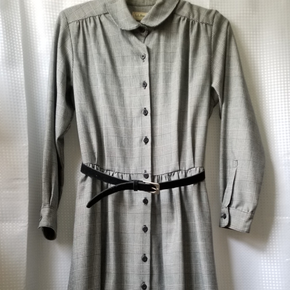 Vintage LL Bean Black Glen Plain Dress with Belt